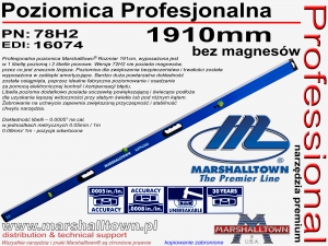 Poziomica profesjonalna Marshalltown 78H2 - 1910mm - bez magnesów, aluminiowa