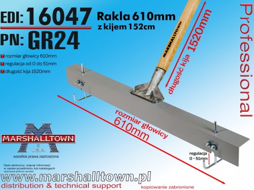 GR24 rakla 61cm z kijem 152cm, regulowana od 0 od 51mm, aluminiowa, malowana proszkowo