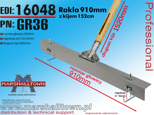 GR36 rakla 91cm z kijem 152cm, regulowana od 0 do 51mm, aluminiowa, malowana proszkowo