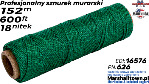 626 sznurek murarski 152m, plecionka nylonowa #18 nitek, zielony